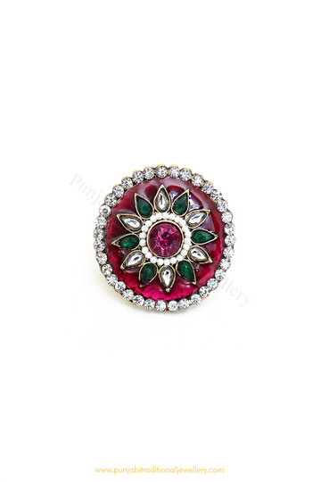 Gold Finished Red & Green Ring By PTJ